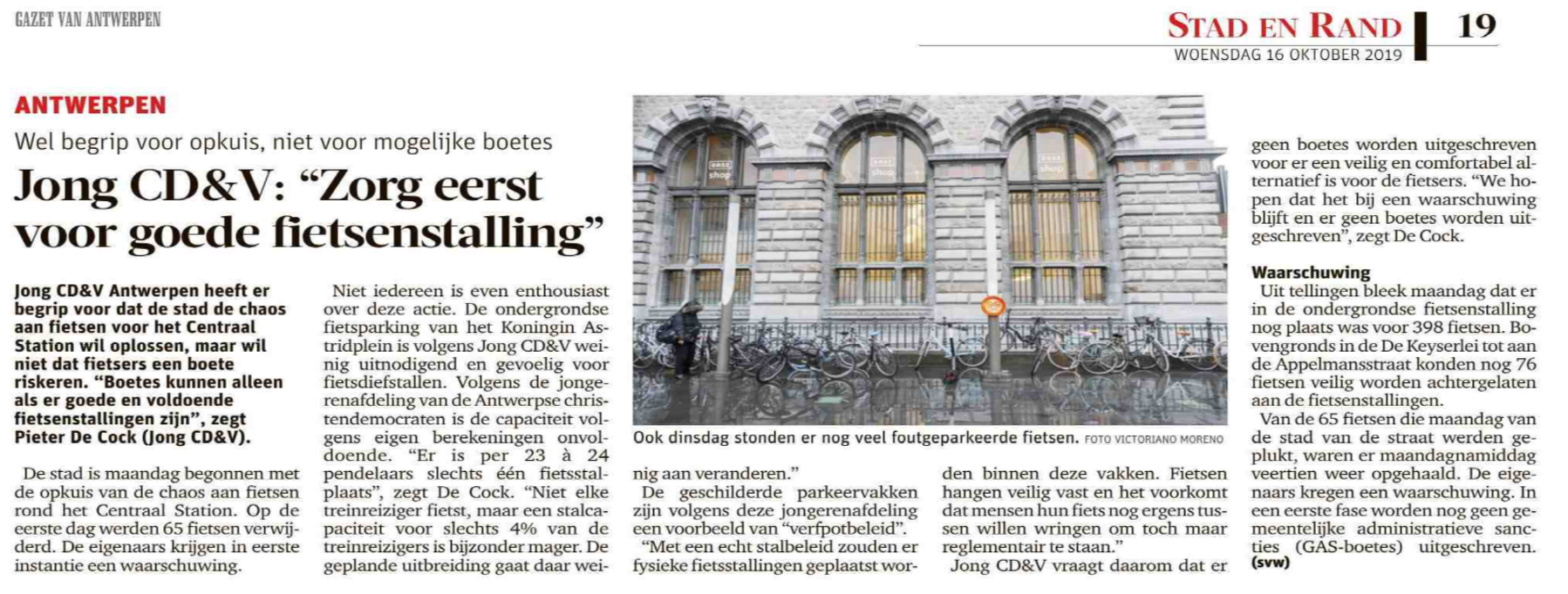 Fietsenstalling in Antwerpen: JongCD&V geeft de stad een 0/3 (GVA/HLN)